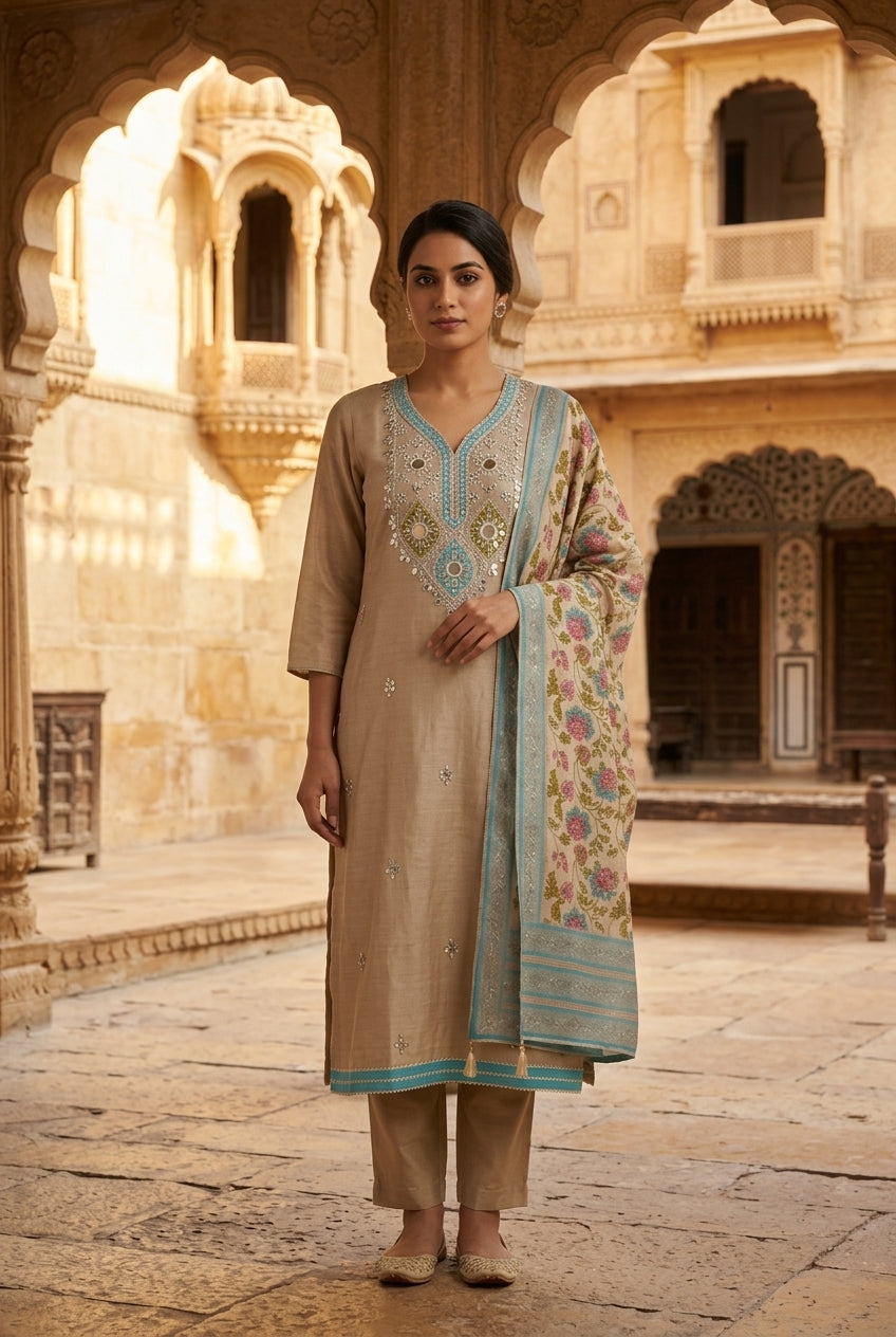 Festive Shimmer Silk Mirror Work & Zari Embroidered Unstitched Suit Set with Dupatta