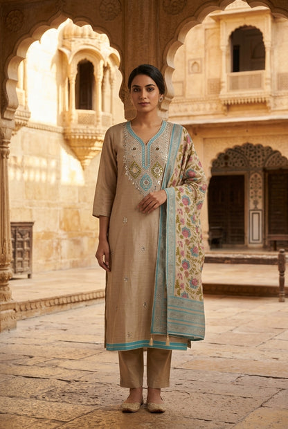 Festive Shimmer Silk Mirror Work & Zari Embroidered Unstitched Suit Set with Dupatta