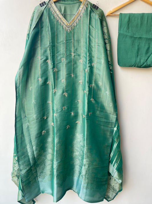 Festive Pure Self Shimmer Silk Dabka Zari Woven Unstitched Suit Set with Banarasi Organza Dupatta