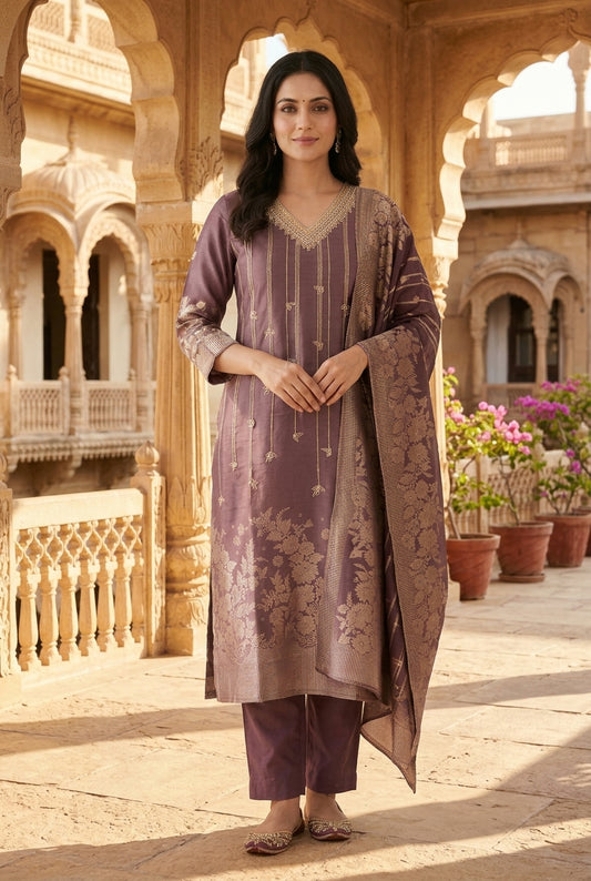 Festive Pure Self Shimmer Silk Dabka Zari Woven Unstitched Suit Set with Banarasi Organza Dupatta