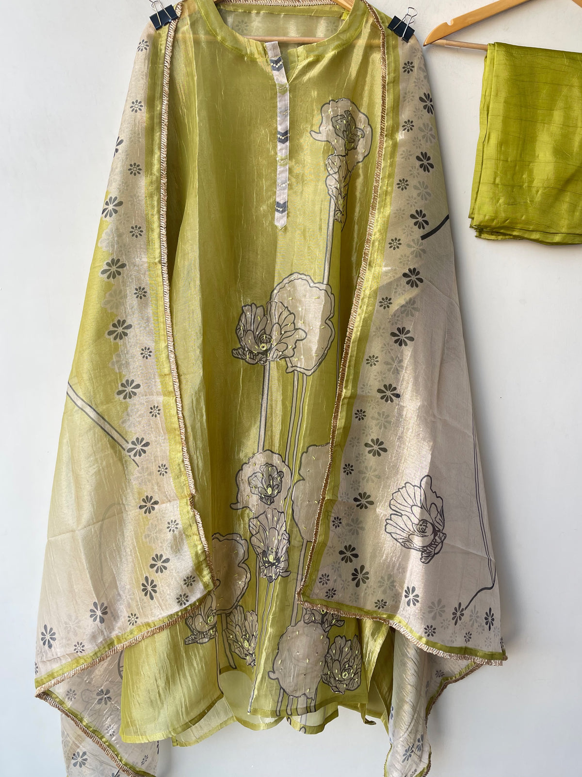 Pure Shimmer Crushed Tissue Mirror Work & Pearl Embroidered Unstitched Suit Set with Dupatta