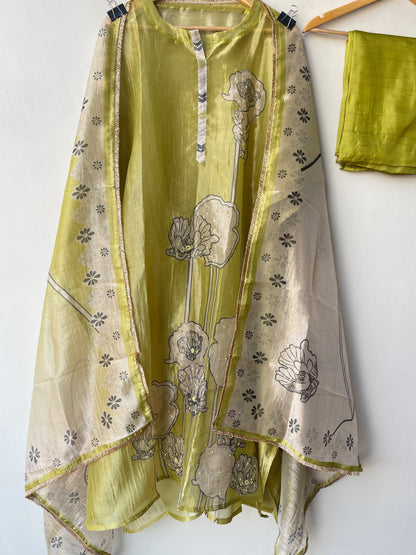 Pure Shimmer Crushed Tissue Mirror Work & Pearl Embroidered Unstitched Suit Set with Dupatta