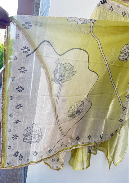 Pure Shimmer Crushed Tissue Mirror Work & Pearl Embroidered Unstitched Suit Set with Dupatta