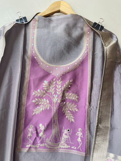 Festive Shimmer Organza Silk Weaving Resham Mirror Work Unstitched Suit Set