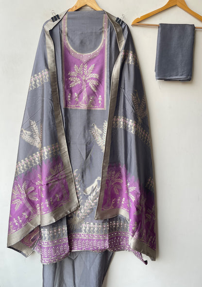 Festive Shimmer Organza Silk Weaving Resham Mirror Work Unstitched Suit Set