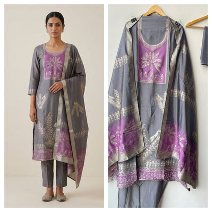 Festive Shimmer Organza Silk Weaving Resham Mirror Work Unstitched Suit Set