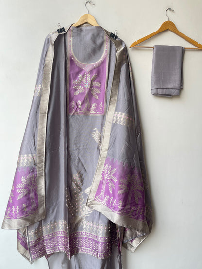 Festive Shimmer Organza Silk Weaving Resham Mirror Work Unstitched Suit Set