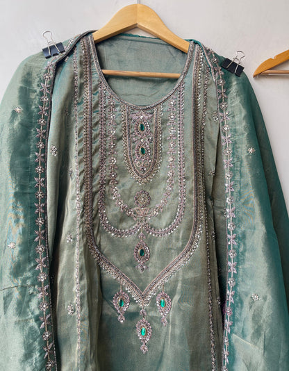 Royal Shimmer Silk Necklace Pattern Kutdanna Hand Embroidered Unstitched Suit Set