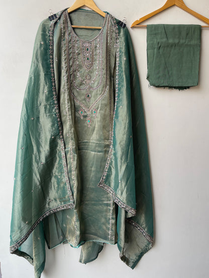 Royal Shimmer Silk Necklace Pattern Kutdanna Hand Embroidered Unstitched Suit Set