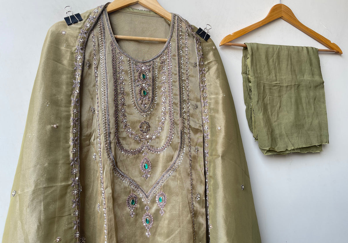 Royal Shimmer Silk Necklace Pattern Kutdanna Hand Embroidered Unstitched Suit Set