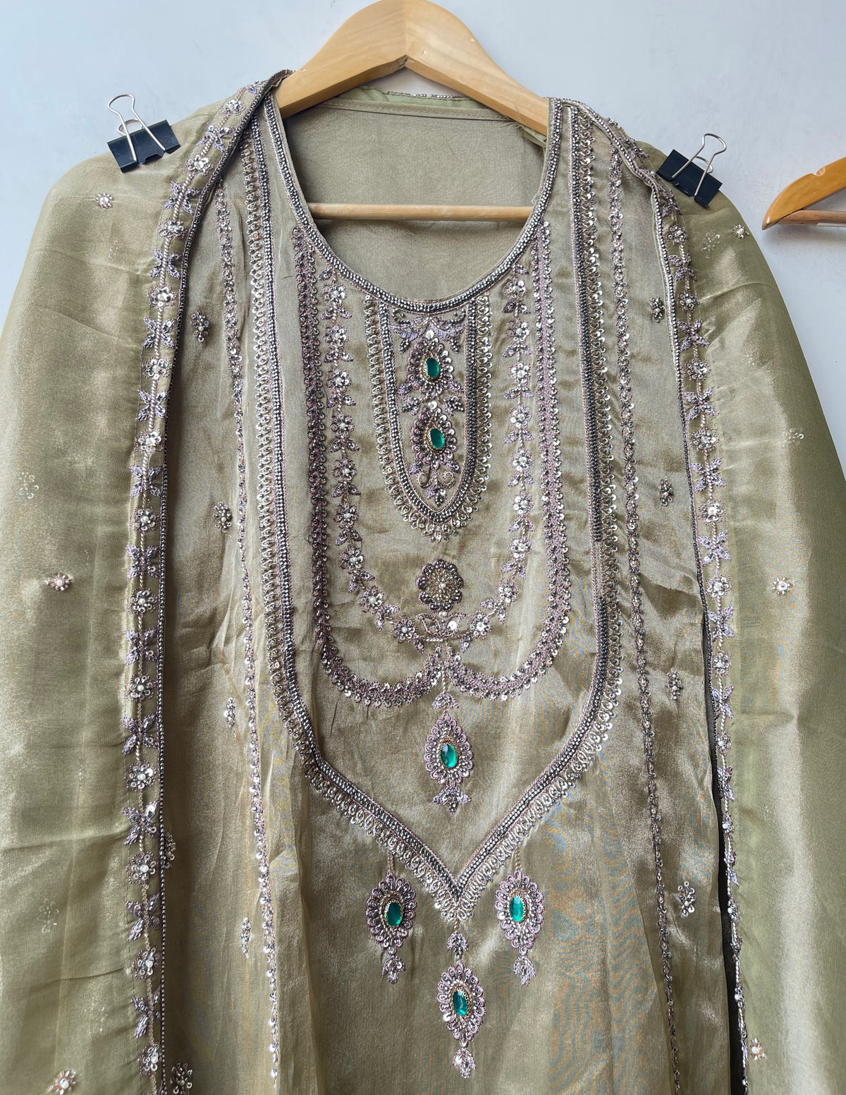 Royal Shimmer Silk Necklace Pattern Kutdanna Hand Embroidered Unstitched Suit Set