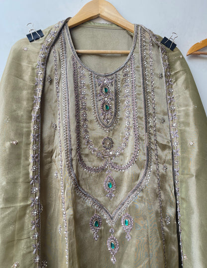 Royal Shimmer Silk Necklace Pattern Kutdanna Hand Embroidered Unstitched Suit Set