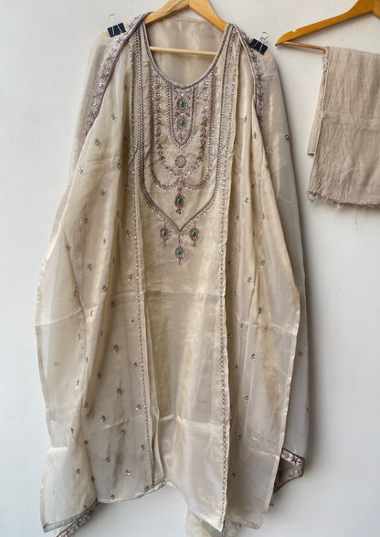 Royal Shimmer Silk Necklace Pattern Kutdanna Hand Embroidered Unstitched Suit Set
