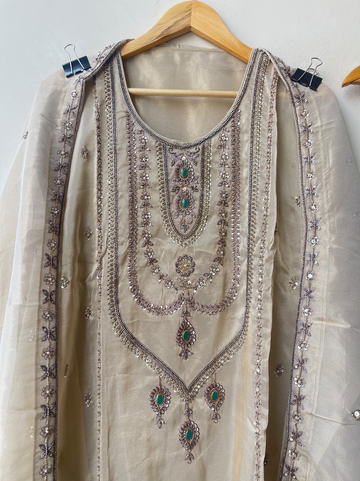 Royal Shimmer Silk Necklace Pattern Kutdanna Hand Embroidered Unstitched Suit Set