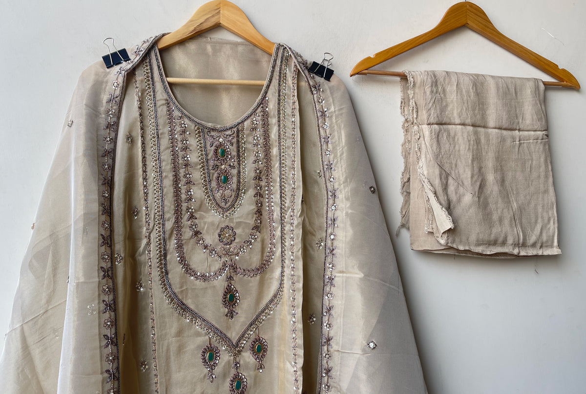 Royal Shimmer Silk Necklace Pattern Kutdanna Hand Embroidered Unstitched Suit Set