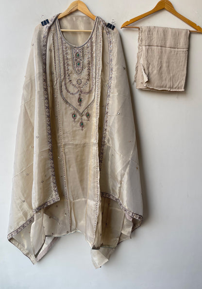 Royal Shimmer Silk Necklace Pattern Kutdanna Hand Embroidered Unstitched Suit Set