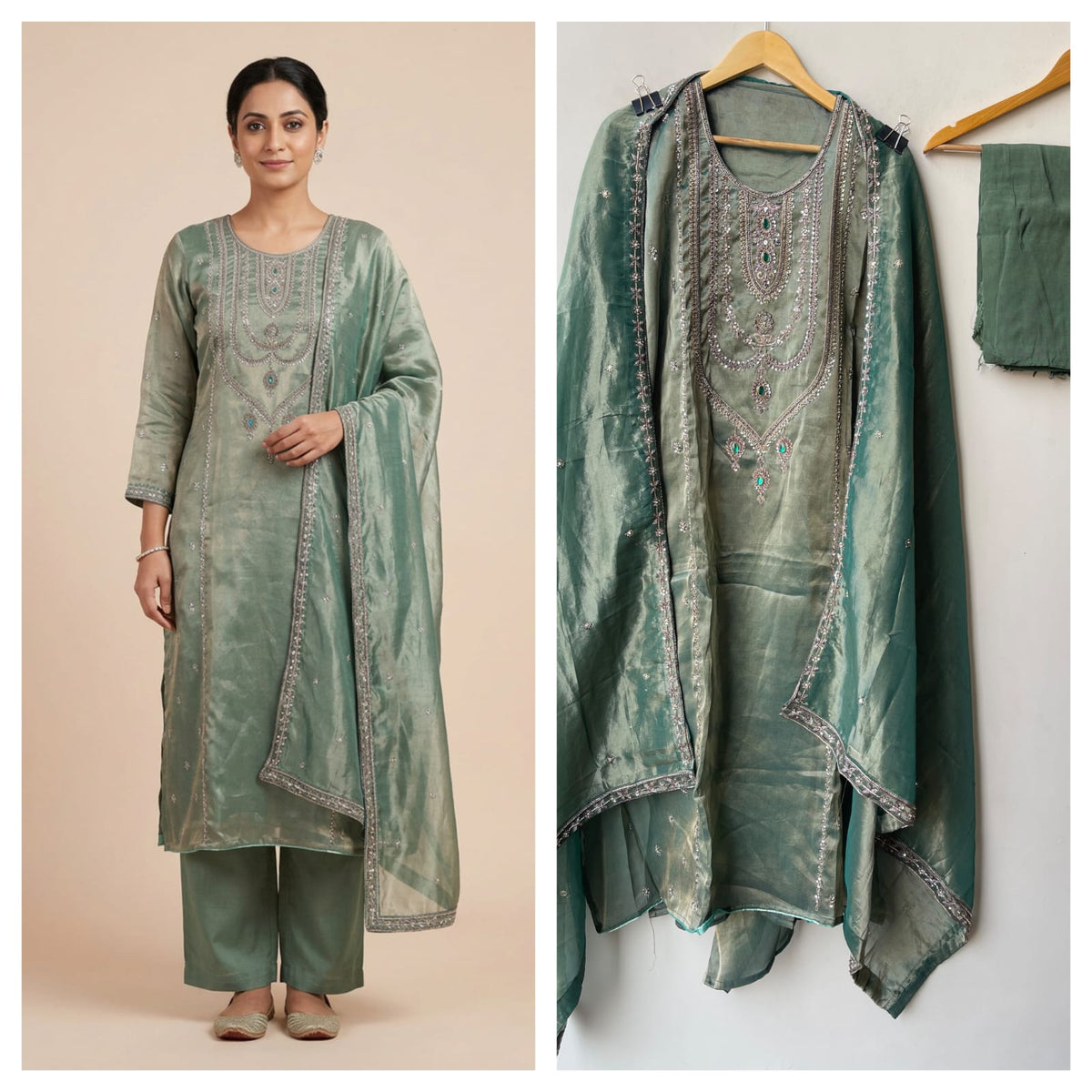Royal Shimmer Silk Necklace Pattern Kutdanna Hand Embroidered Unstitched Suit Set