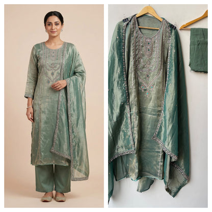 Royal Shimmer Silk Necklace Pattern Kutdanna Hand Embroidered Unstitched Suit Set