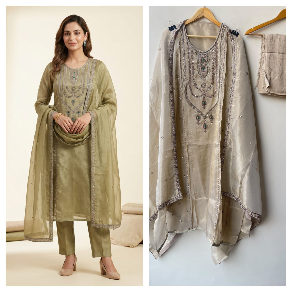 Royal Shimmer Silk Necklace Pattern Kutdanna Hand Embroidered Unstitched Suit Set