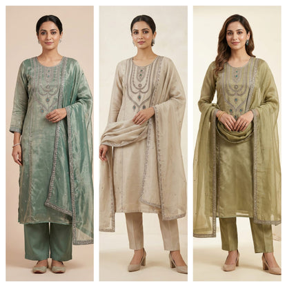 Royal Shimmer Silk Necklace Pattern Kutdanna Hand Embroidered Unstitched Suit Set