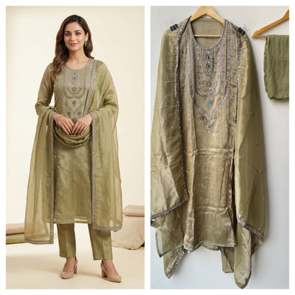 Royal Shimmer Silk Necklace Pattern Kutdanna Hand Embroidered Unstitched Suit Set