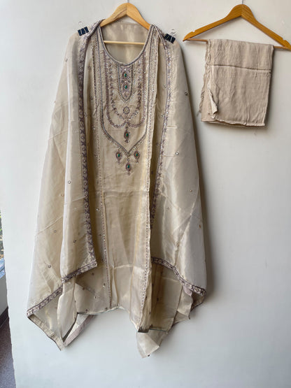 Royal Shimmer Silk Necklace Pattern Kutdanna Hand Embroidered Unstitched Suit Set