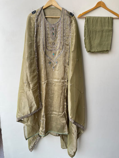 Royal Shimmer Silk Necklace Pattern Kutdanna Hand Embroidered Unstitched Suit Set