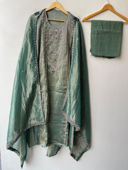 Royal Shimmer Silk Necklace Pattern Kutdanna Hand Embroidered Unstitched Suit Set