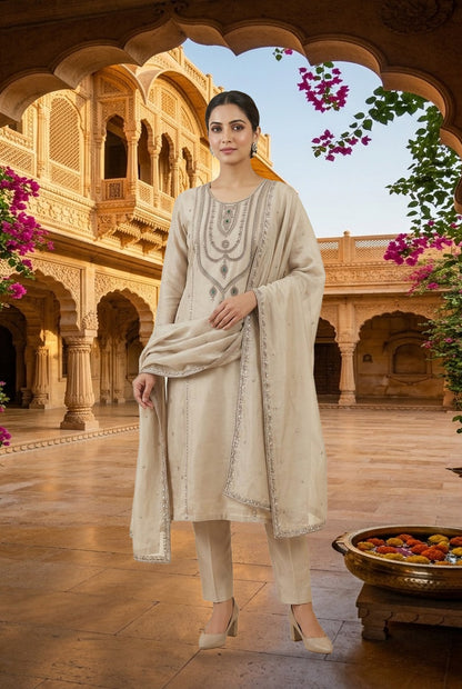 Royal Shimmer Silk Necklace Pattern Kutdanna Hand Embroidered Unstitched Suit Set