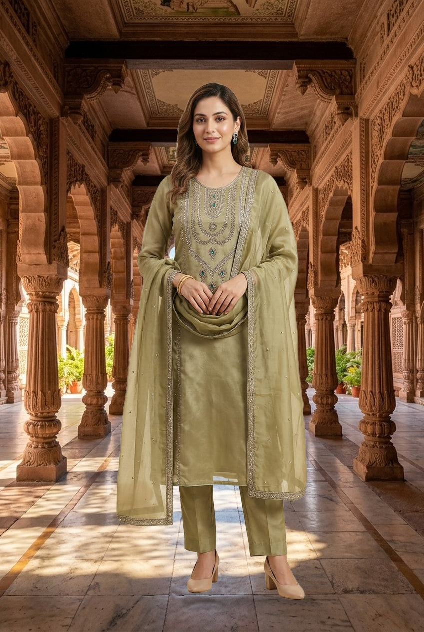 Royal Shimmer Silk Necklace Pattern Kutdanna Hand Embroidered Unstitched Suit Set