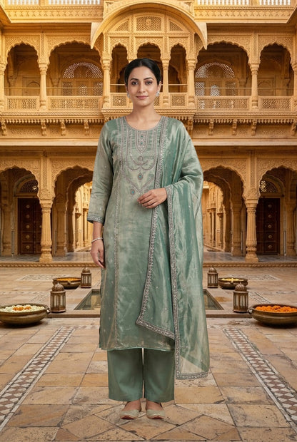 Royal Shimmer Silk Necklace Pattern Kutdanna Hand Embroidered Unstitched Suit Set