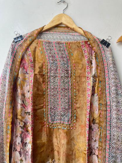 Festive Organza Tuile Printed Pearl Work Unstitched Suit Set with Chiffon Dupatta