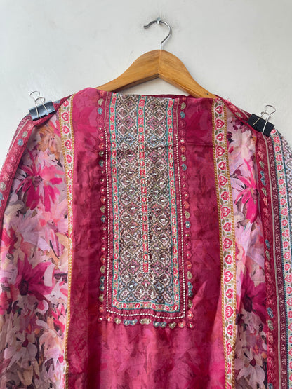 Festive Organza Tuile Printed Pearl Work Unstitched Suit Set with Chiffon Dupatta