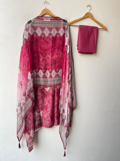 Festive Organza Tuile Printed Pearl Work Unstitched Suit Set with Chiffon Dupatta