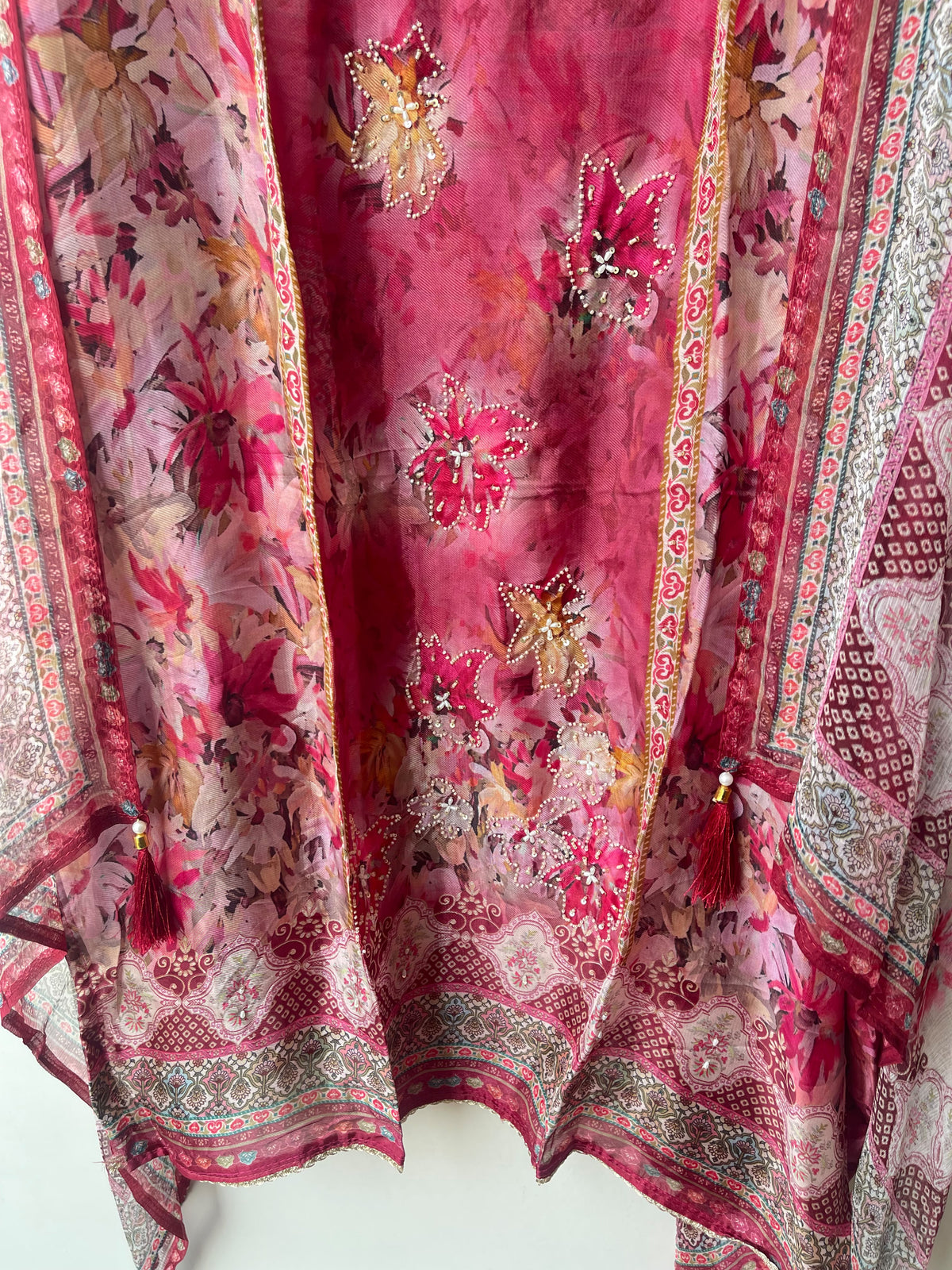 Festive Organza Tuile Printed Pearl Work Unstitched Suit Set with Chiffon Dupatta