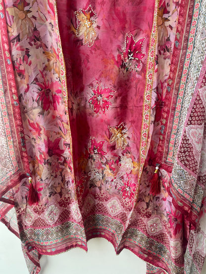 Festive Organza Tuile Printed Pearl Work Unstitched Suit Set with Chiffon Dupatta