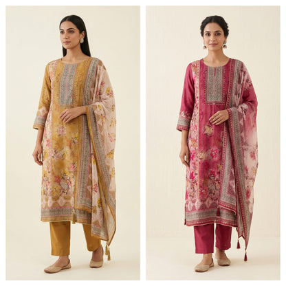 Festive Organza Tuile Printed Pearl Work Unstitched Suit Set with Chiffon Dupatta