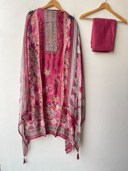 Festive Organza Tuile Printed Pearl Work Unstitched Suit Set with Chiffon Dupatta