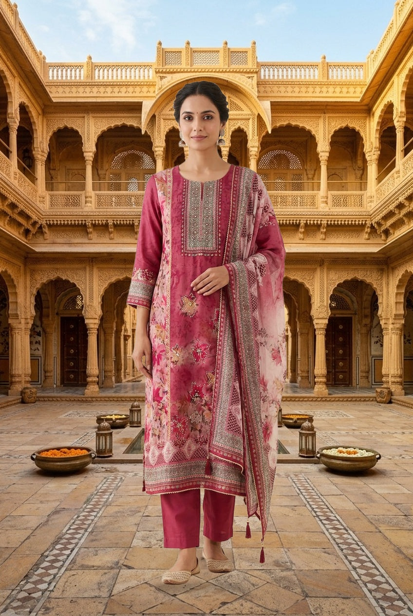 Festive Organza Tuile Printed Pearl Work Unstitched Suit Set with Chiffon Dupatta