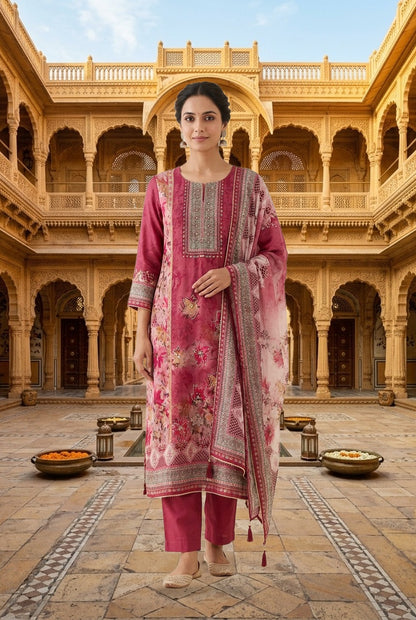 Festive Organza Tuile Printed Pearl Work Unstitched Suit Set with Chiffon Dupatta