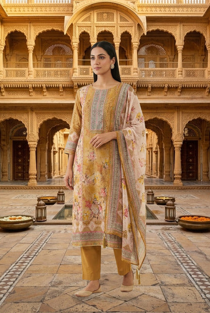 Festive Organza Tuile Printed Pearl Work Unstitched Suit Set with Chiffon Dupatta