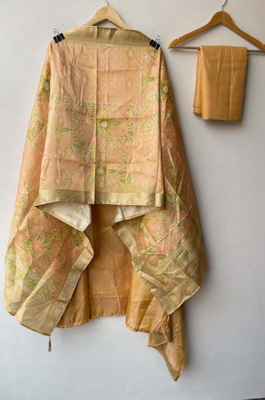 Banarasi Chanderi Silk Weaving Dabka Pearl Unstitched Suit Set with Dupatta