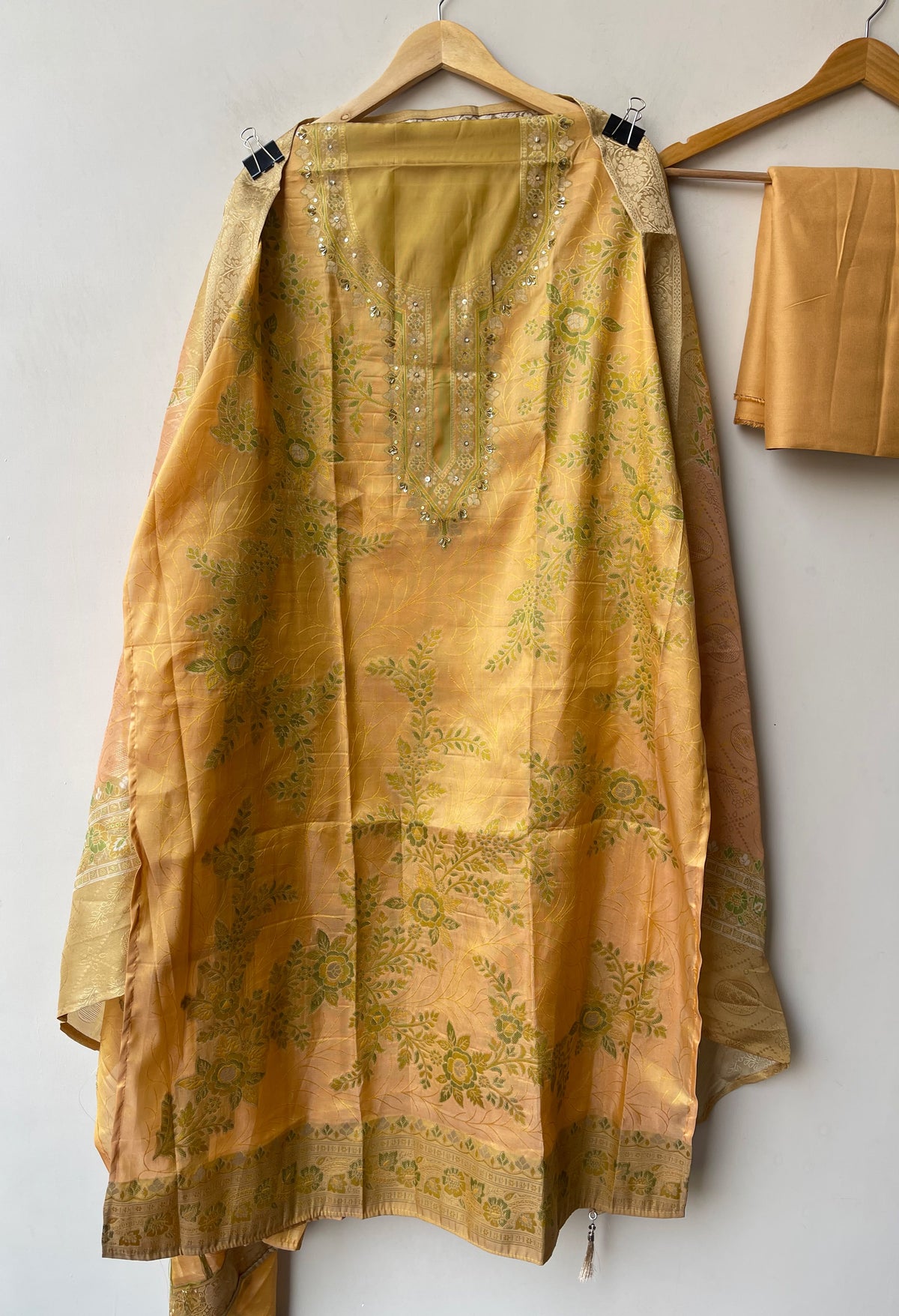 Banarasi Chanderi Silk Weaving Dabka Pearl Unstitched Suit Set with Dupatta