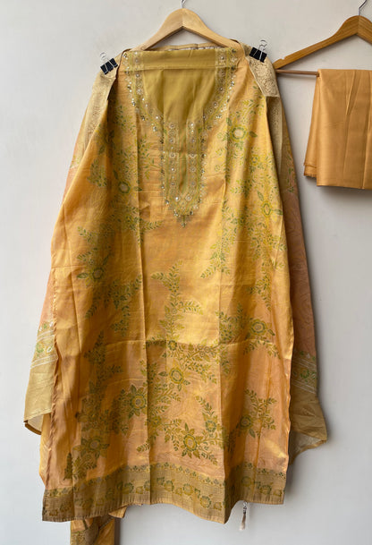 Banarasi Chanderi Silk Weaving Dabka Pearl Unstitched Suit Set with Dupatta