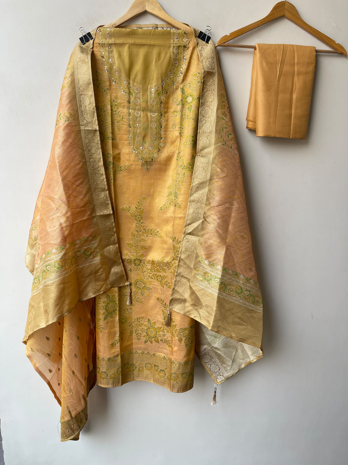Banarasi Chanderi Silk Weaving Dabka Pearl Unstitched Suit Set with Dupatta