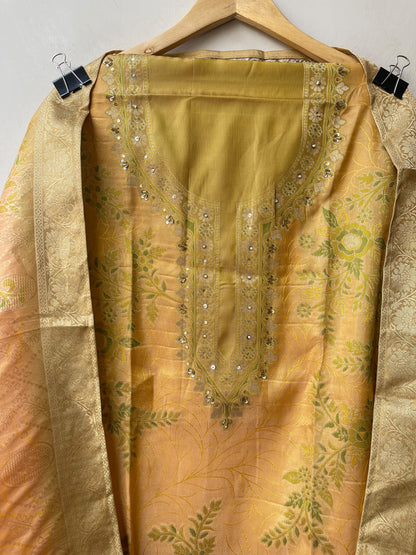 Banarasi Chanderi Silk Weaving Dabka Pearl Unstitched Suit Set with Dupatta