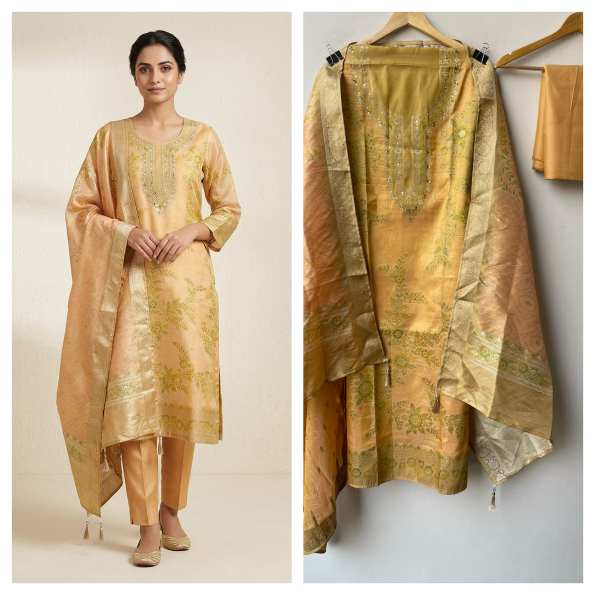 Banarasi Chanderi Silk Weaving Dabka Pearl Unstitched Suit Set with Dupatta