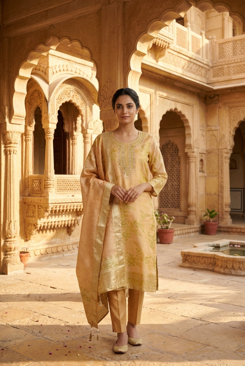 Banarasi Chanderi Silk Weaving Dabka Pearl Unstitched Suit Set with Dupatta