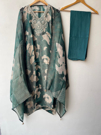 Pure Organza Silk Zari Embroidered Unstitched Suit Set with Tuile Dupatta