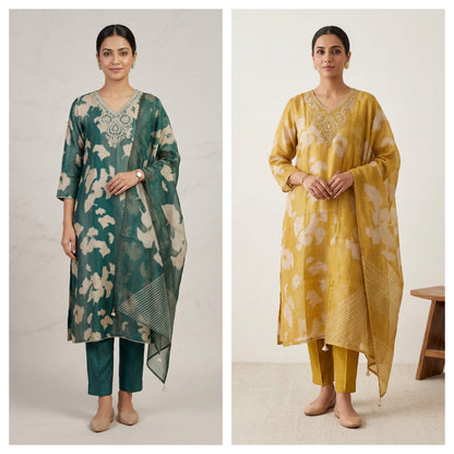 Pure Organza Silk Zari Embroidered Unstitched Suit Set with Tuile Dupatta